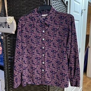 Vintage dress blouse size 18W. 100% polyester.  Navy, pink, burgundy colors